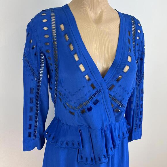 IRO Size 36 EU 4 / 6 US Cobalt Blue Long Sleeve Cutout Mini Dress Lagenlook BOHO - Picture 6 of 14